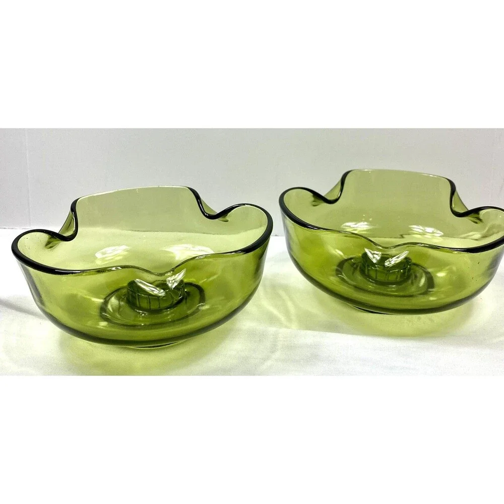 2 Vintage MCM Viking Glass Folded Candlestick Holders Green